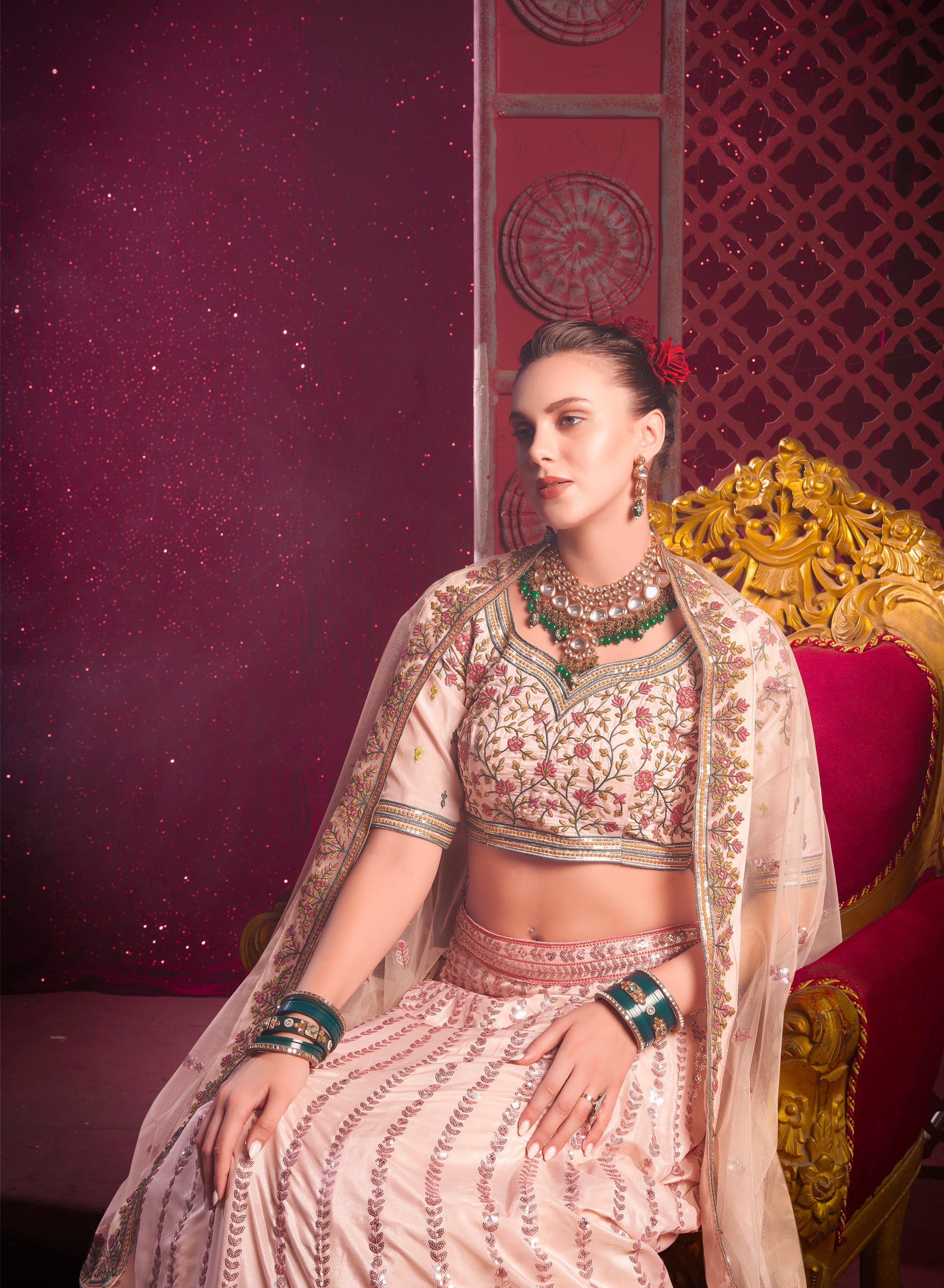 Peach Lehenga in Vanilla Shine Silk with Sequins & Thread Embroidery