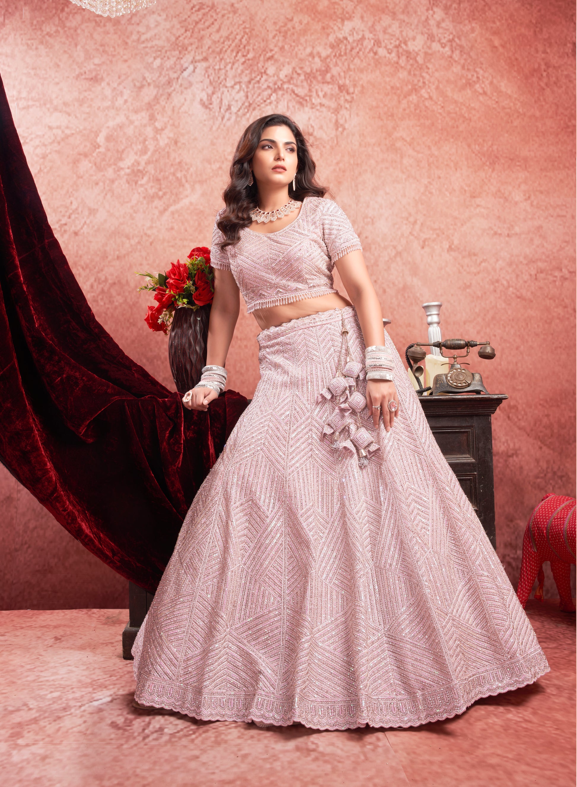 Baby Pink Premium Net Bridal Lehenga Zarkan Hand Embroidery