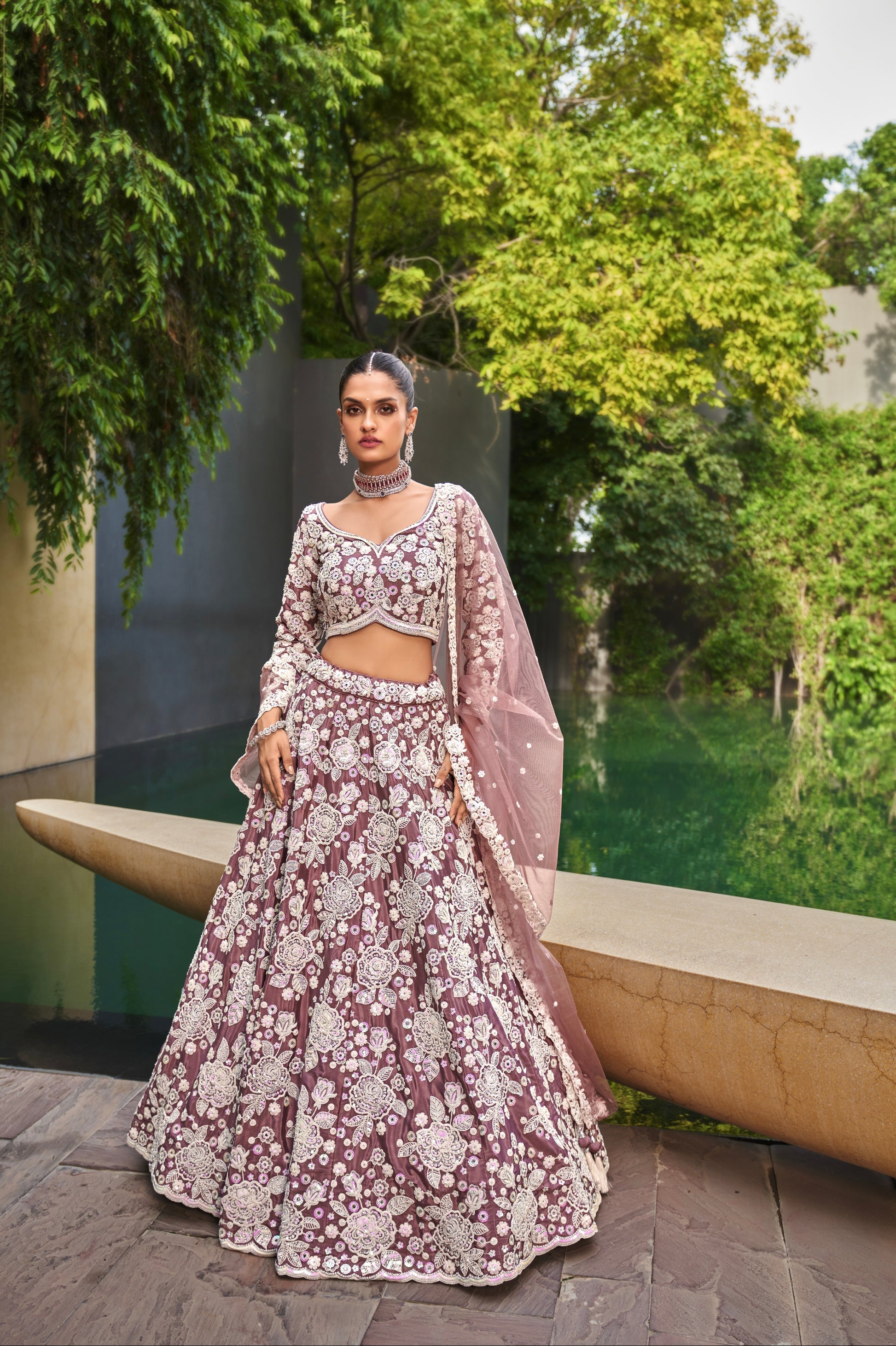 Lavender Satin Bridal Lehenga with Moti and Sequins Embroidery