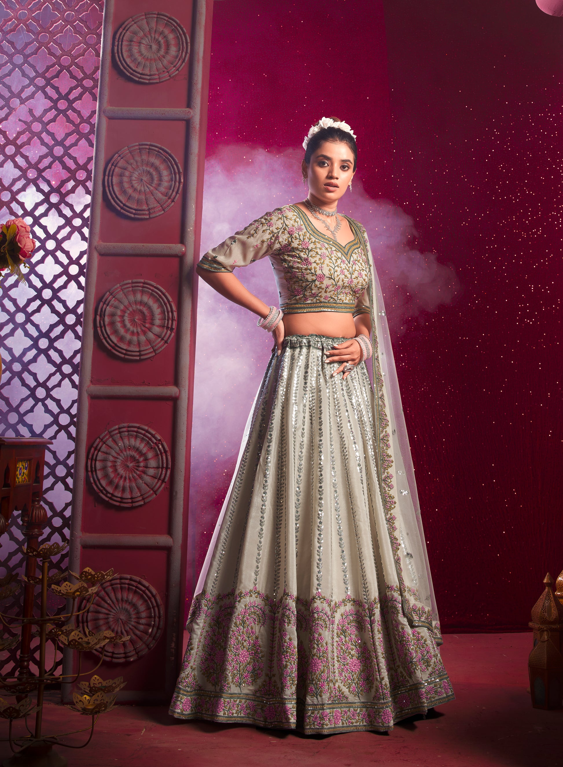 Off-White Lehenga in Vanilla Shine Silk & Sequins & Thread Embroidery