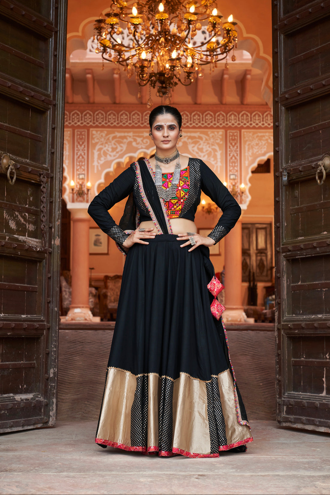 Black & Gold Embroidered Viscose Rayon Chaniya Choli