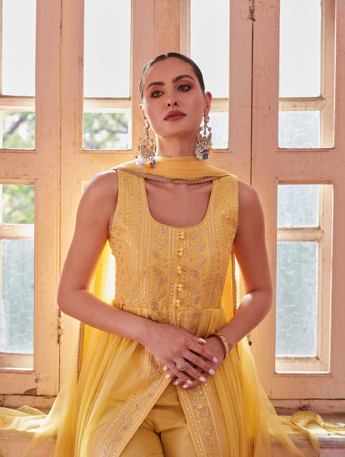 Yellow Full Flared Anarkali Gown In Georgette With Thread And Sequins Embroidery