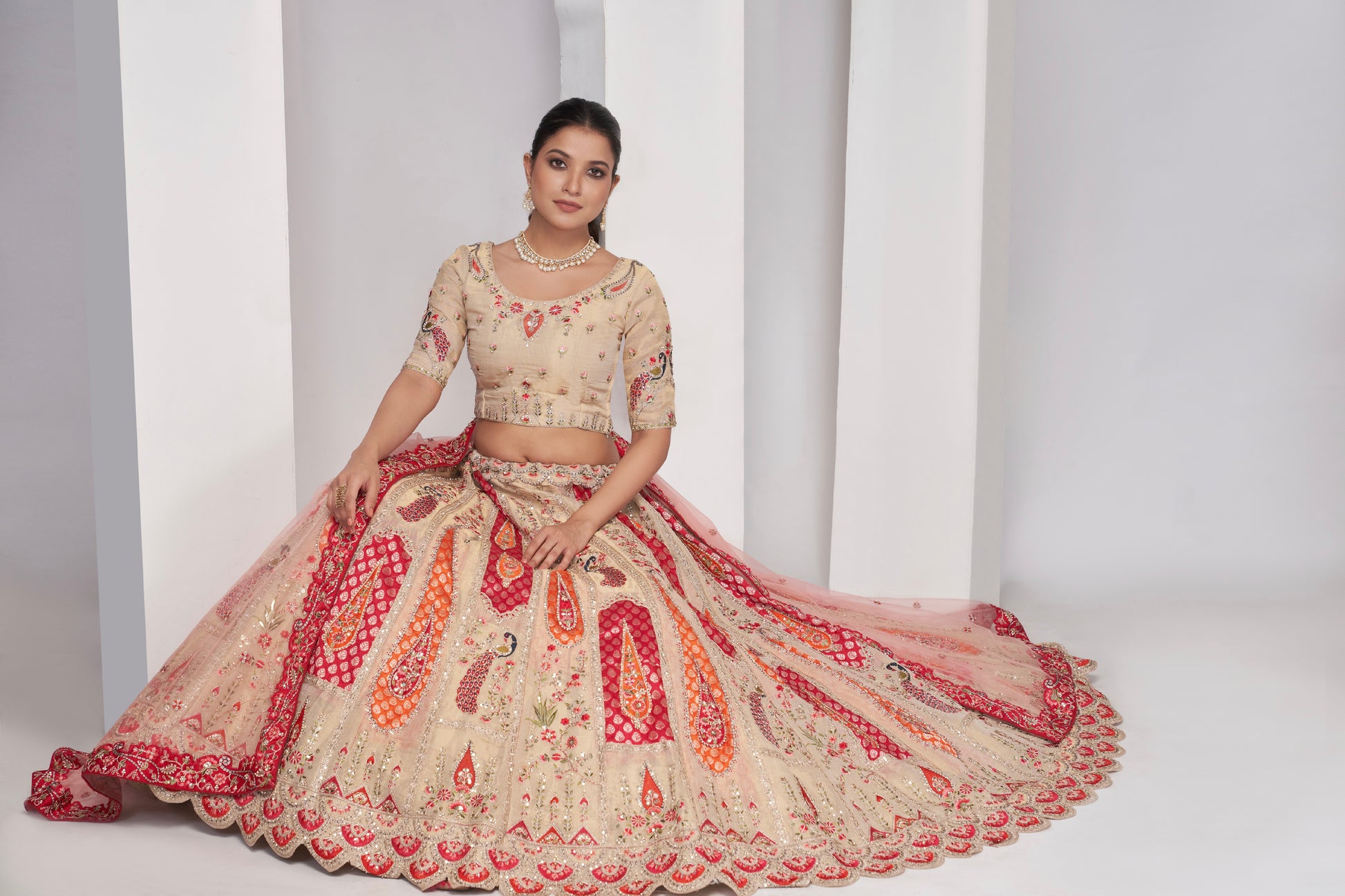 Bright Cream Pink Paisley and Peacock Embroidered Bridal Lehenga