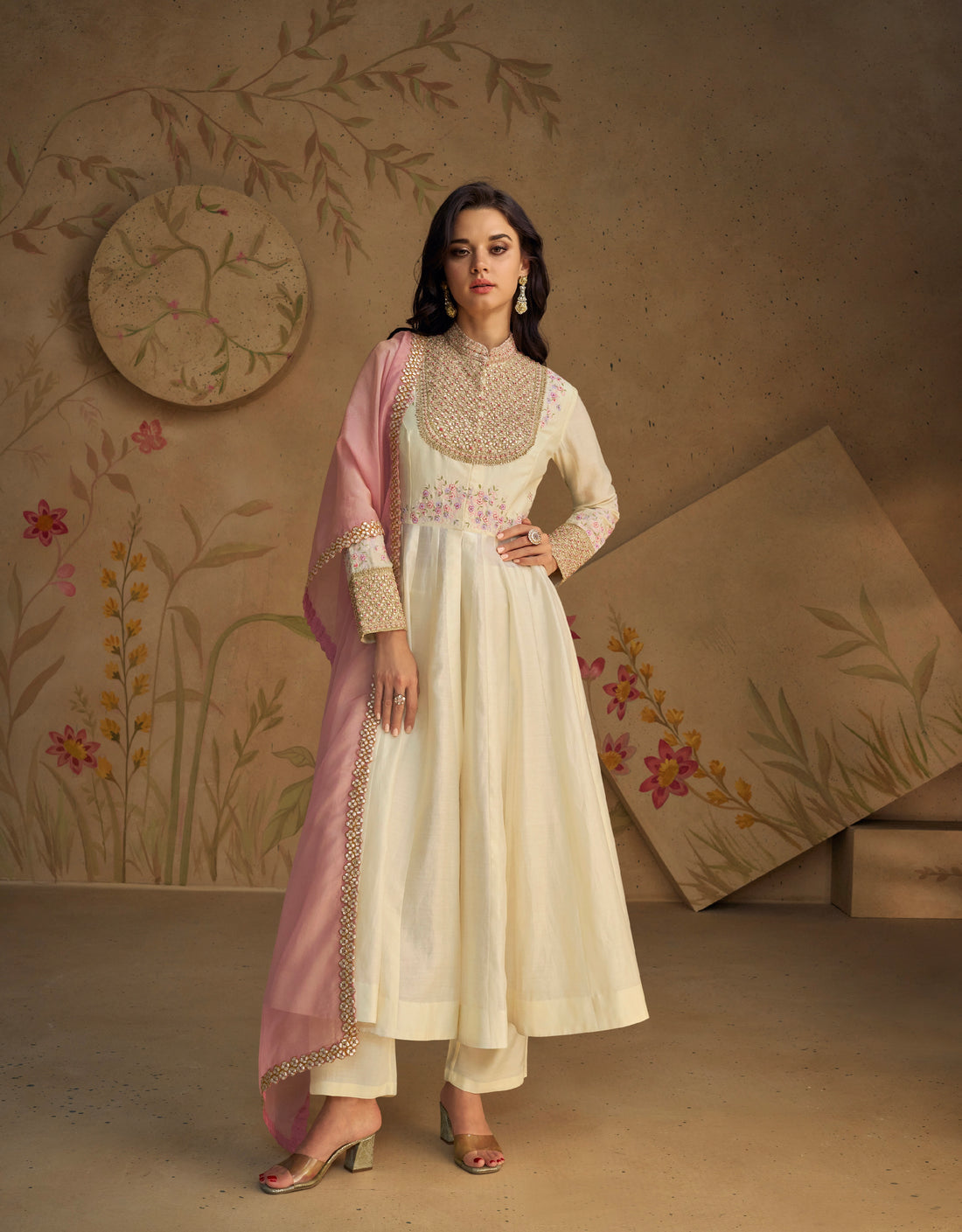 Ivory Pure Silk Anarkali Suit with Pink Embroidered Dupatta