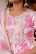 Woman wearing Pink and White Printed Viscose Rayon Kurti, Pant, and Dupatta Set

