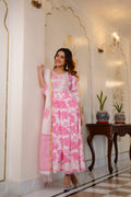 Woman wearing Pink and White Printed Viscose Rayon Kurti, Pant, and Dupatta Set

