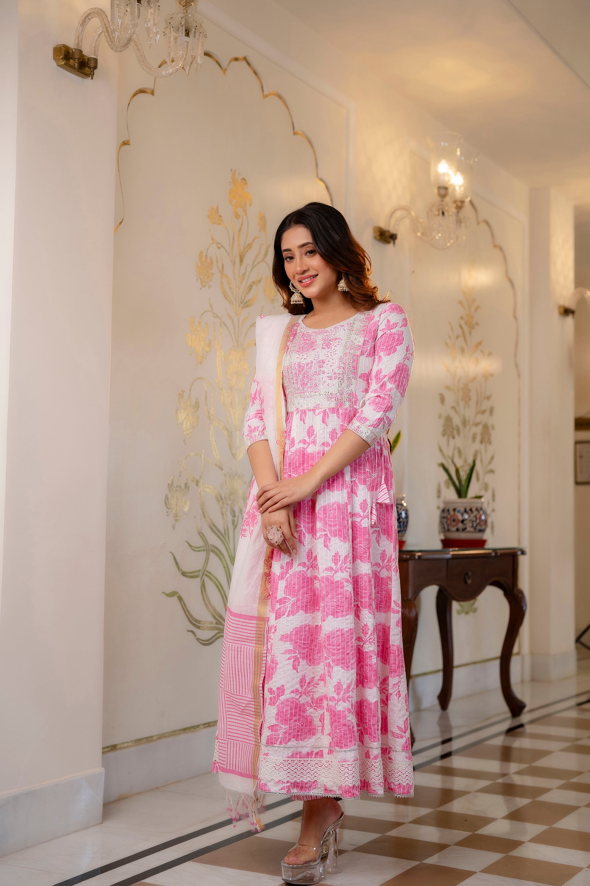 Woman wearing Pink and White Printed Viscose Rayon Kurti, Pant, and Dupatta Set

