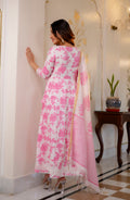 Woman wearing Pink and White Printed Viscose Rayon Kurti, Pant, and Dupatta Set

