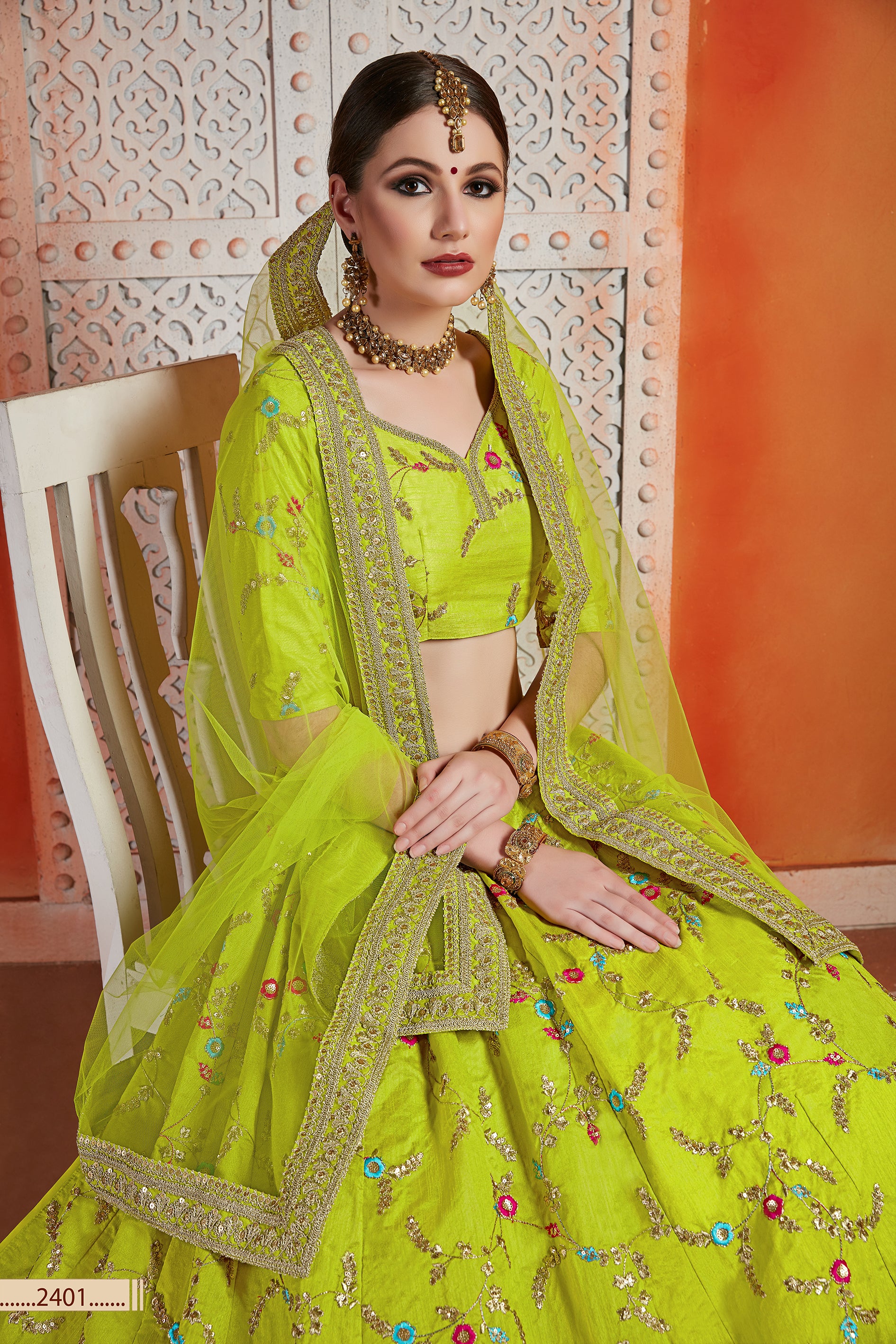 FLORAL VOL.3 NEON GREEN DESIGNER LEHENGA D.NO: 2401 Anant Tex Exports Private Limited