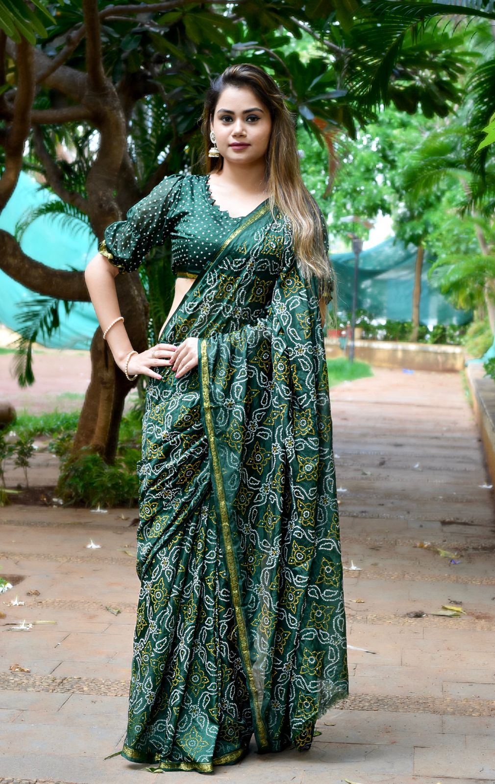 Yellow Designer Bandhani saree with blouse - Vasu Sarees - 3507908