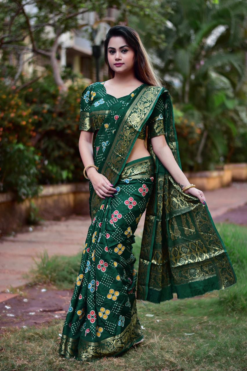 Adorable Dark Green Printed Georgette Wedding Wear Saree With Blouse | Saree  blouse designs, Saree, Red blouses
