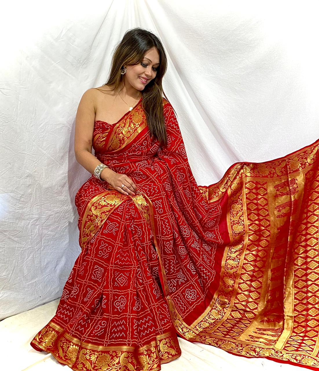 Red Designer Bandhani saree with blouse - Vasu Sarees - 3507904