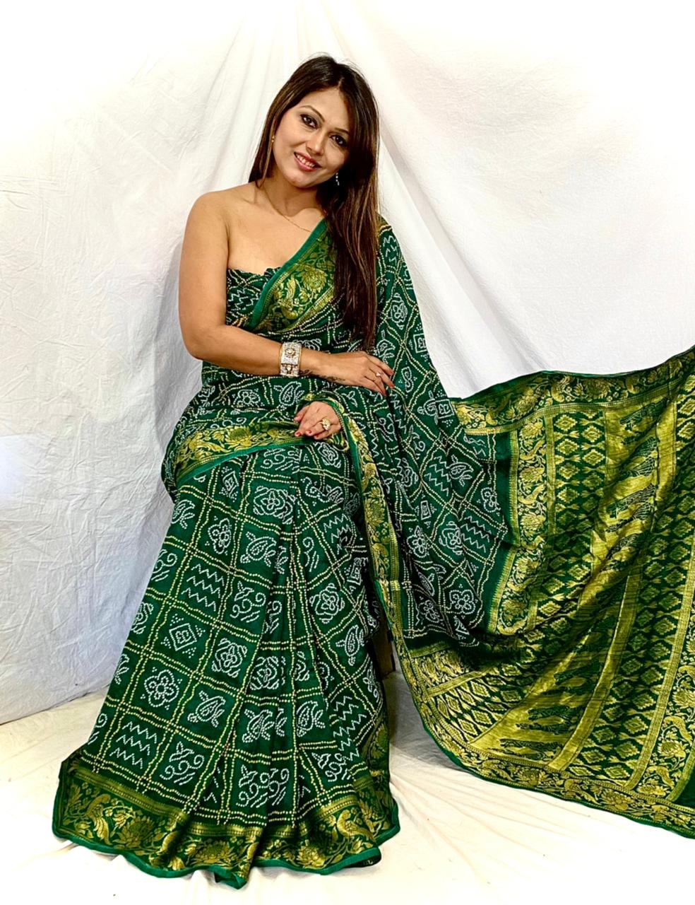 Green Bandhani Saree with Zari border