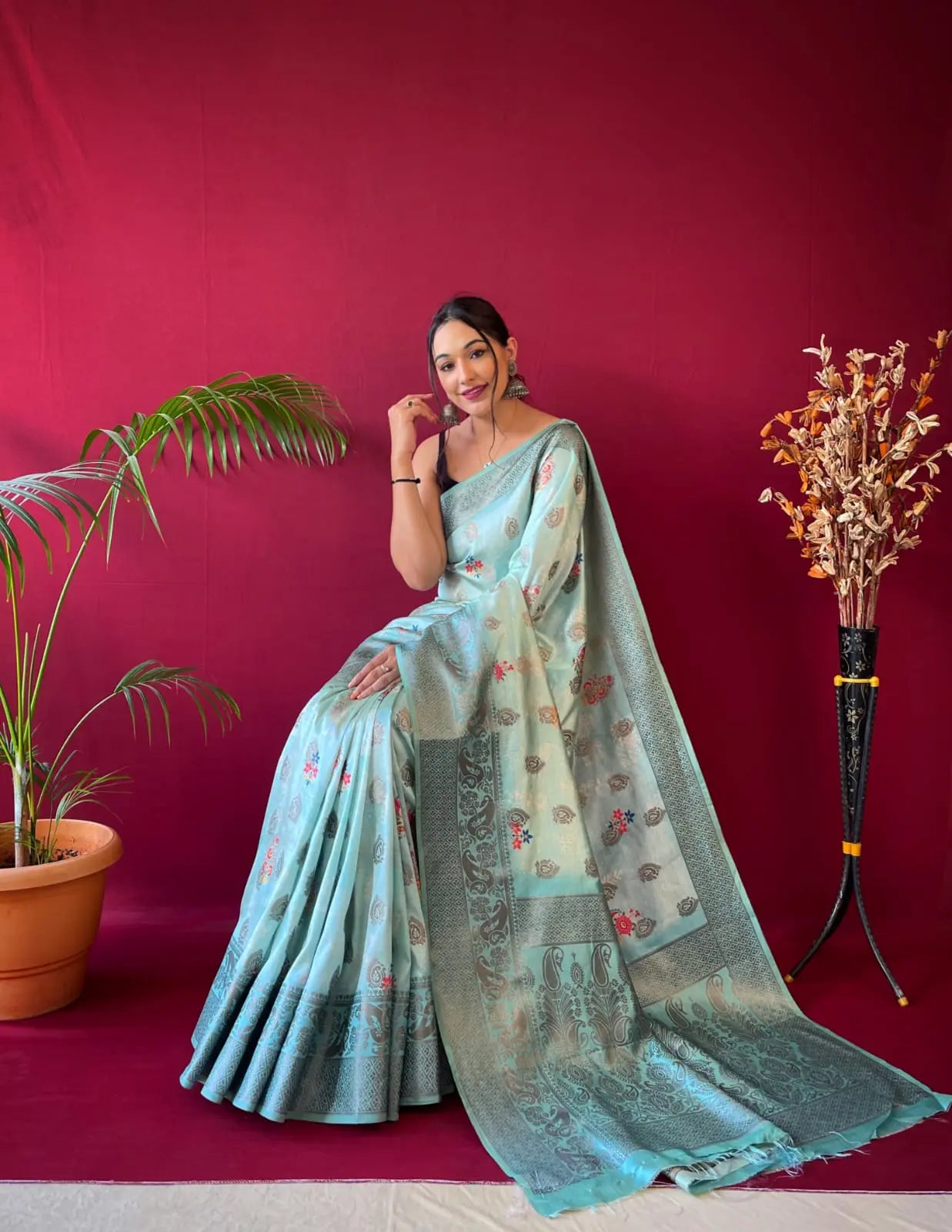 Buy online Pure Soft Silk Saree With Floral Kalamkari Print & Rich Pallu-  Blue-AF1638