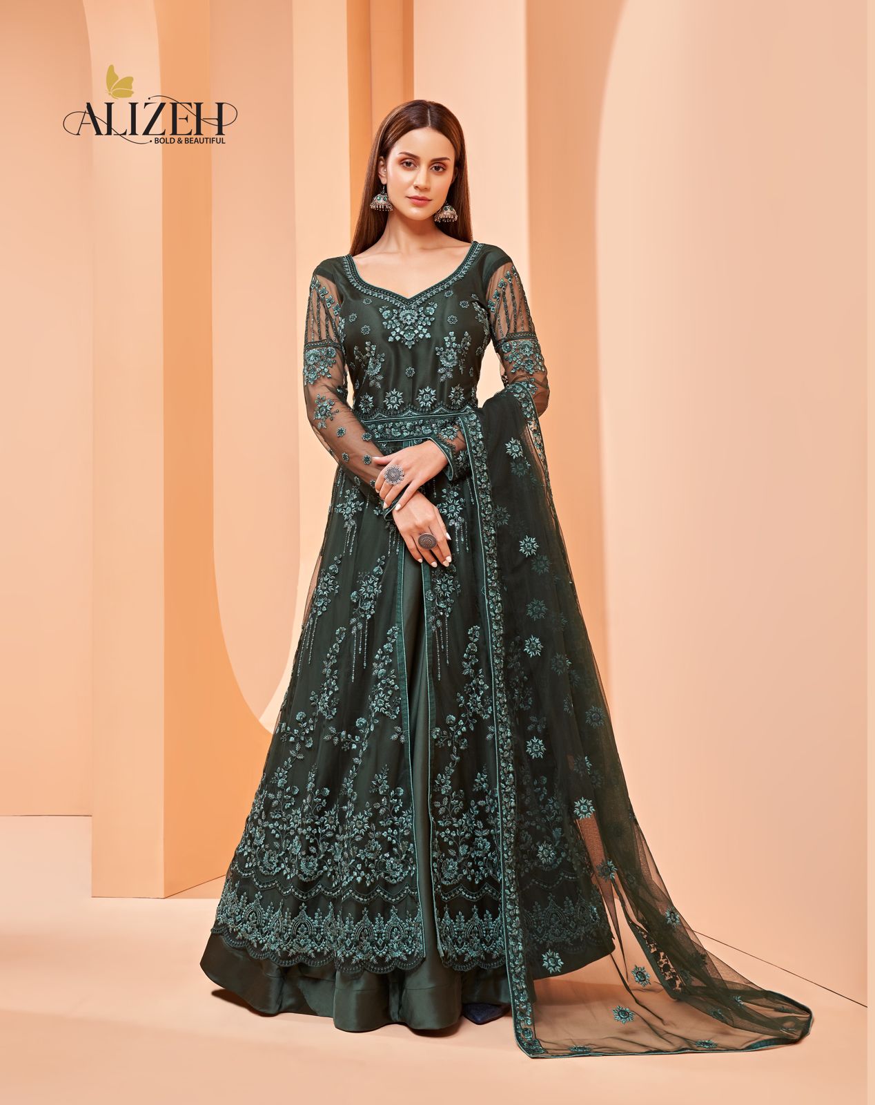 Alizeh Gul Bahaar Dark Green Heavy Embroidered Net Stylish Anarkali Gown Anant Tex Exports Private Limited