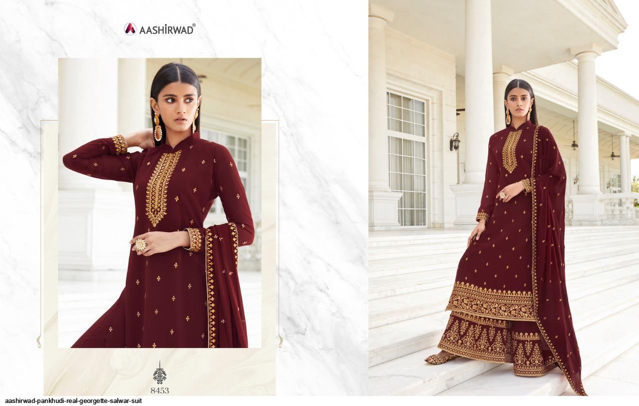 AASHIRWAD PANKHUDI PURE GEORGETTE SUITS SERIES 8453 To 8457 Anant Tex Exports Private Limited