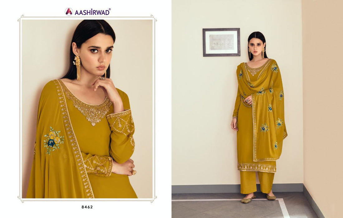 AASHIRWAD SUNHERI HEAVY EMBROIDERED SUITS SERIES 8458 TO 8462 Anant Tex Exports Private Limited