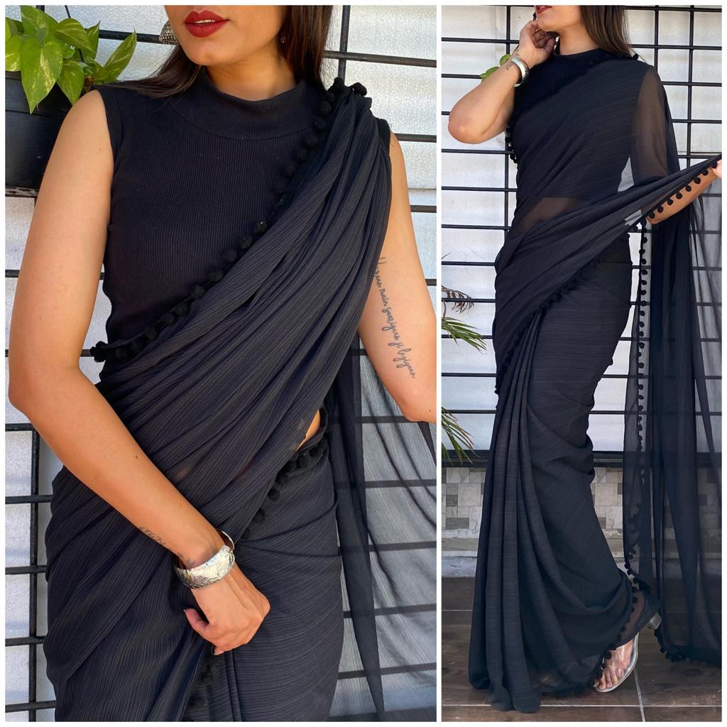 Diamond Work Black Georgette Saree for Women