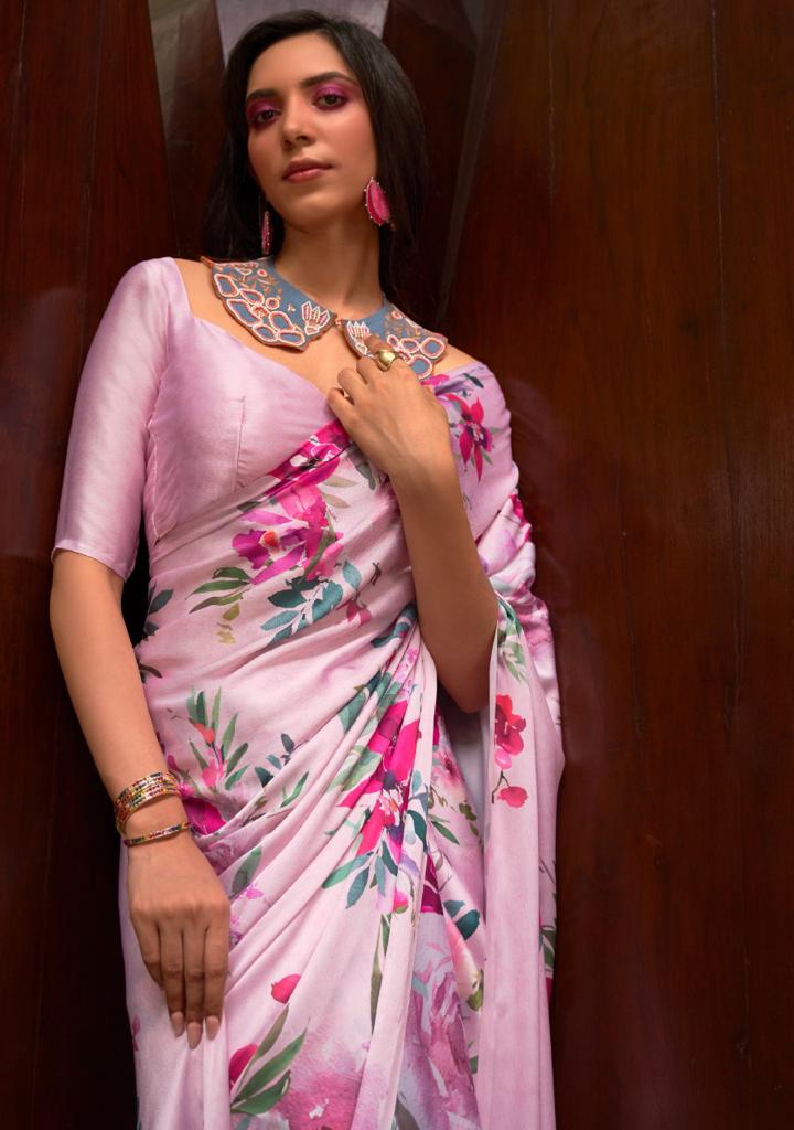 Pink Digital Print Satin Crepe Saree | Shop Satin Saree Online