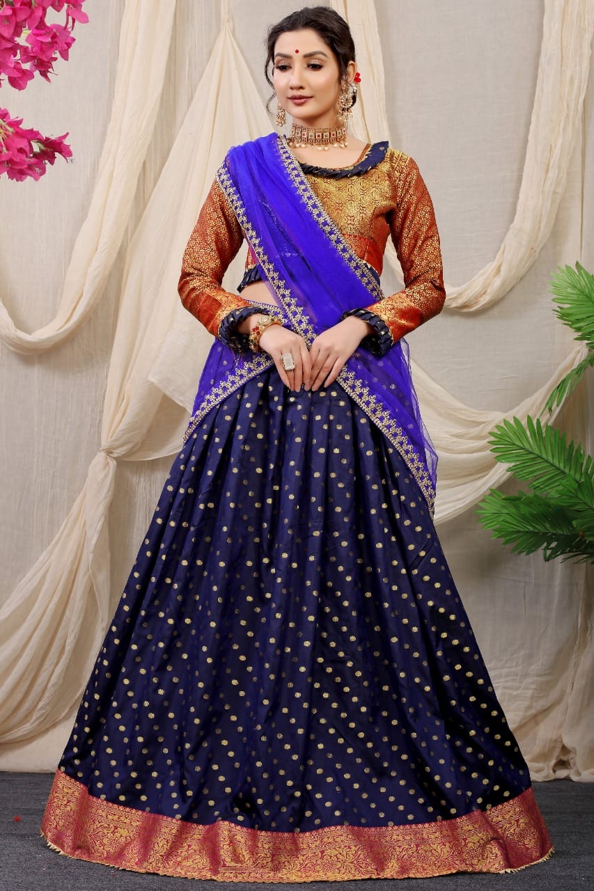 Bollywood South Actress Special Light Pink Silver and Golden Weaving Half  Saree Lehenga | Half saree designs, Half saree, Half saree lehenga