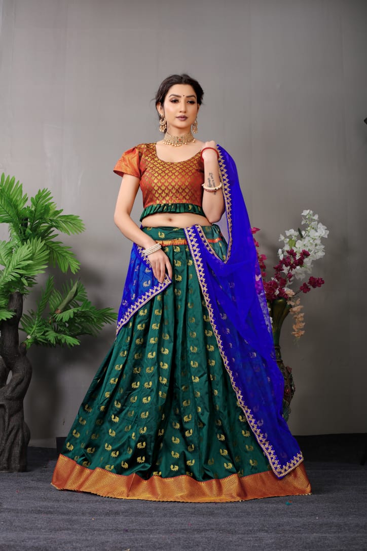 Rama Color Kanjivaram Silk Half Saree Lehenga South Indian Lehenga Choli |  Silk half saree, Half saree lehenga, Half saree designs