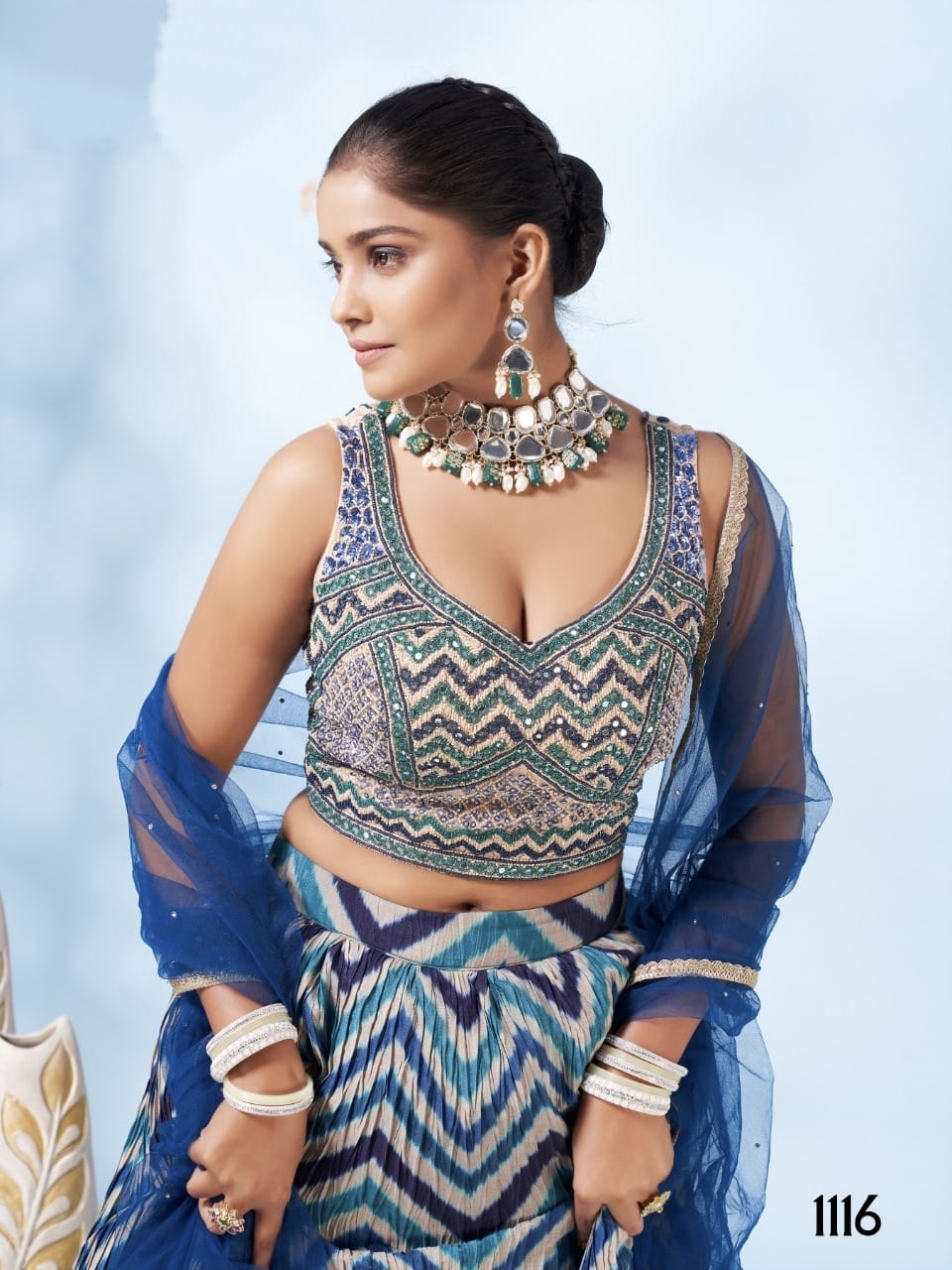 Ahalyaa Blue & White Printed Sequinned Ready to Wear Lehenga & Blouse With  Dupatta - Walmart.com