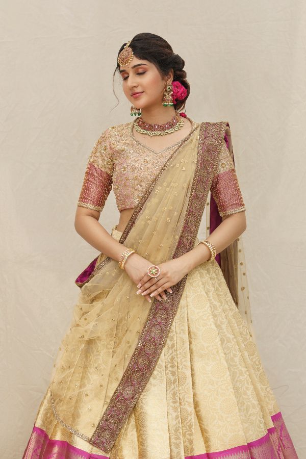 Vanani - Beige and Orange Silk Halfsaree – Ivalinmabia