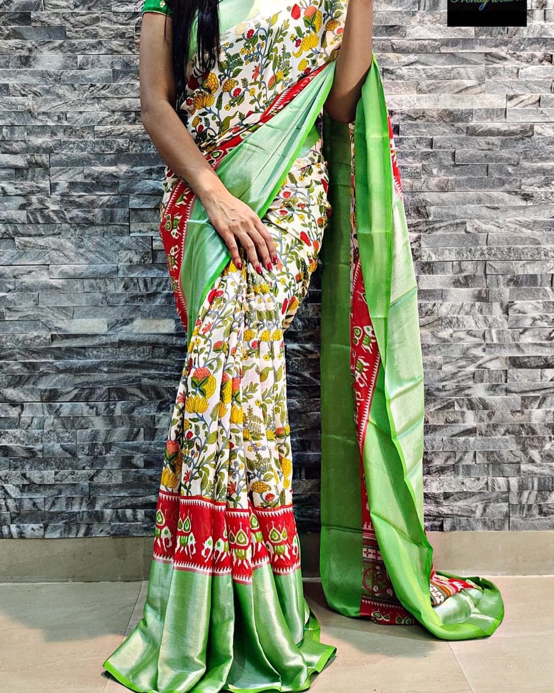 Buy V Vervee Couture's Exquisite Parrot Green Chiffon Saree Enhanced with  Stunning Bugle Bead Embellishments at Amazon.in