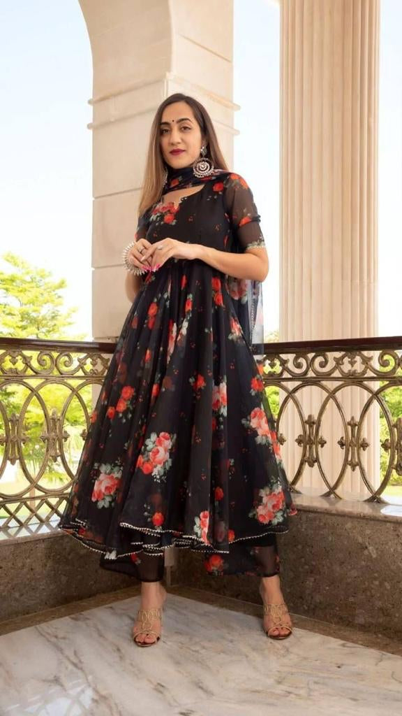 Black fashion with roses dress