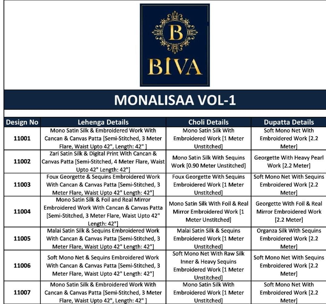 BIVA-MONALISAA VOL-1 11001 TO 11007 SERIES LEHENGA Anant Tex Exports Private Limited
