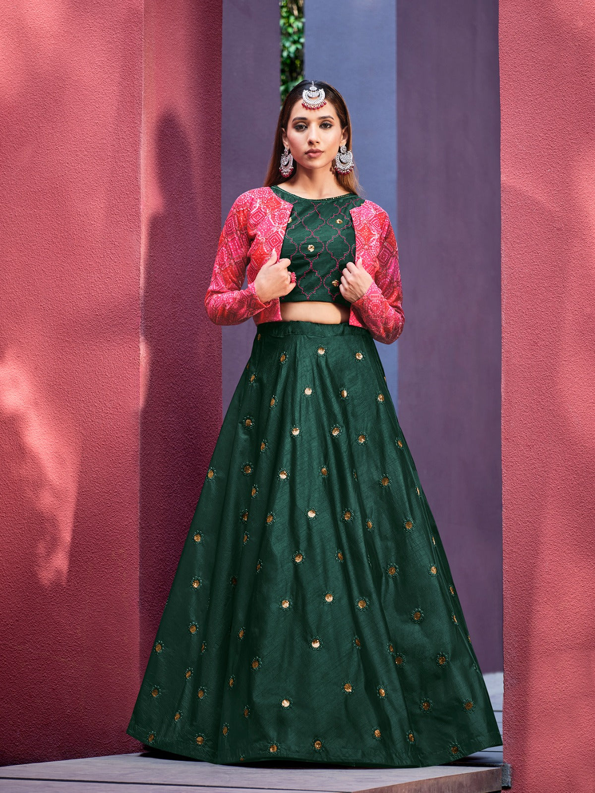 Green Lehenga With Crop Top And Long Jacket #indo #western #outfits  #wedding #j… | Sleeves designs for dresses, Western dresses for women, Party  wear indian dresses