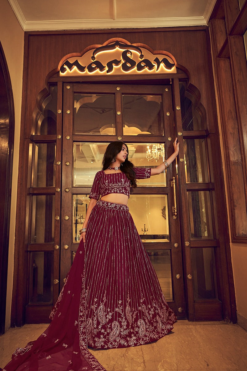 Designer, Engagement, Festive, Party Wear, Reception, Wedding Red and  Maroon color Georgette fabric Lehenga : 1832335