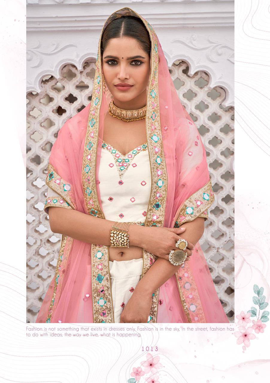 Off-white and pink mirror work bridal lehenga choli